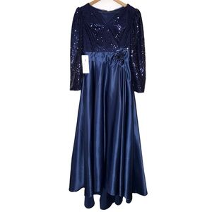 Modest NWT Sequin Navy Blue Formal Long Sleeve Evening Gown Rosette Detail Train